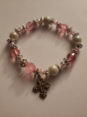 Cross Charm Pink Plastic and Faux Pearl Stretch Bracelet Lightweight Elastic Dan